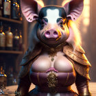 Fantasy-themed anthropomorphic pig character in vintage room setting