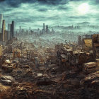 Dystopian cityscape with crumbling buildings and polluted sky