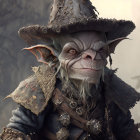 Wrinkled face fantasy creature in wide-brimmed hat and textured coat