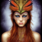 Person wearing vibrant feather headdress with intense blue eyes and gold leaf makeup on dark background