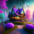 Glowing windows on enchanted house in colorful forest under starry sky