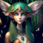 Fantasy portrait: Fairy with butterfly wings in mystical forest