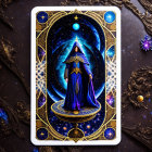 Celestial-themed tarot card with cloaked figure and stars