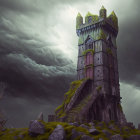 Vine-covered ancient tower on rocky hill under stormy sky