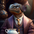 Sophisticated humanoid turtle in suit and tie enjoys tea at table