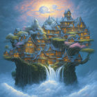 Fantasy castle on giant tree with spires and waterfalls at twilight