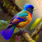 Colorful Bird with Blue Head and Multicolored Feathers Perched Among Blossoms