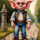 Whimsical character in denim outfit on cobblestone path