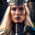 Blonde woman in medieval armor with metal circlet gazes confidently.