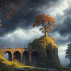 Stone arch bridge over cliff with autumn tree under dramatic sky