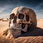 Large Skull Half-Buried in Sand with Dunes and Blue Sky