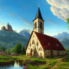 Old church, river, castle, mountains, and sky in scenic landscape.