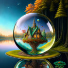 Crystal ball with castle, tree, and forest reflection at twilight