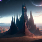 Fantasy landscape with dark spire castle, spiky mountains, and night sky.