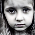 Young child with solemn expression and dark eyes in desaturated close-up.