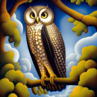 Stylized owl perched on branch against blue sky and foliage