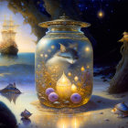 White Cat in Luminous Jar on Starlit Beach with Ship and Marine Life