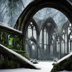 Gothic church ruins in snow-covered winter forest