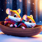 Illustrated mice in colorful scarf inside snowy forest bowl