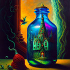 Fantasy painting with castle in bottle, bird, glowing snail