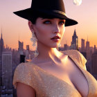 Stylized woman with hat, sparkling dress, earrings, city skyline at sunset