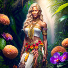 Woman with Long Wavy Hair in Tropical Outfit Surrounded by Lush Jungle Foliage