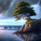 Solitary tree on cliff with stormy sky, lightning bolts, ocean waves.