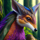 Vibrant orange and purple fox in ornate blue and gold helmet in forest.