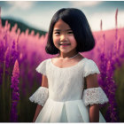 Young girl in white dress surrounded by purple flowers and mountain backdrop.