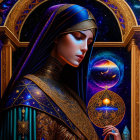 Celestial-themed woman portrait with cosmic background and ornate star attire.