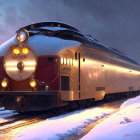 Vintage Train with Bright Headlights on Snow-Covered Tracks at Dusk