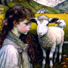 Young girl with floral headpiece and sheep in pastoral landscape.