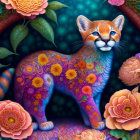 Colorful Psychedelic Cat Illustration with Floral Patterns and Flowers