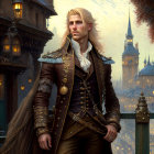 Blond man in historical military outfit in regal cityscape at dusk