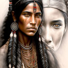 Digital artwork of woman with indigenous features in grayscale palette