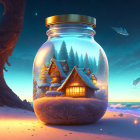 Miniature snowy village in glass jar on beach at twilight