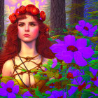 Red-haired woman with roses, gold necklace, purple flowers, and forest backdrop