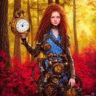 Curly Red-Haired Girl in Steampunk Outfit with Golden Pocket Watch in Autumn Forest