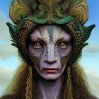 Intricate Green Snake-Like Headdress Portrait against Cloudy Sky