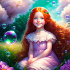 Young girl with red hair and blue eyes in lush greenery with bubbles