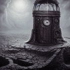 Surreal grayscale image of desolate landscape with cracked ground and antique clock tower under gloomy sky