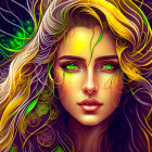 Colorful digital portrait of a woman with flowing hair and abstract patterns in green and yellow.