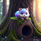 Blue furry creature with spikes on tree stump in golden-lit forest