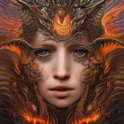 Detailed Orange and Black Fantasy Helmet on Intense-Eyed Person