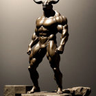 Muscular anthropomorphic bull sculpture with prominent horns on pedestal