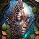 Digital artwork: Woman's face blended with leaf patterns in tree branch frame, teal backdrop