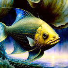 Colorful Fish with Golden Scales and Human-like Features Swimming in Surreal Sky