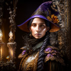 Woman in Plumed Purple Hat and Renaissance-Inspired Dress Surrounded by Candles