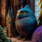 Detailed Blue Owl with Castle in Enchanting Setting