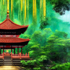 Red Pagoda Surrounded by Bamboo and Forest Mist